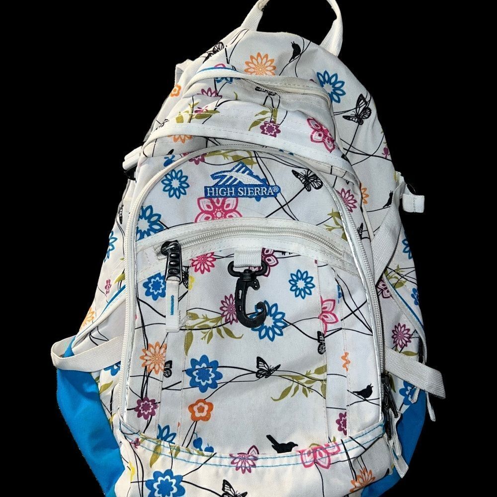 High Sierra large backpack‎ in white with multicolor floral, birds, butterflies